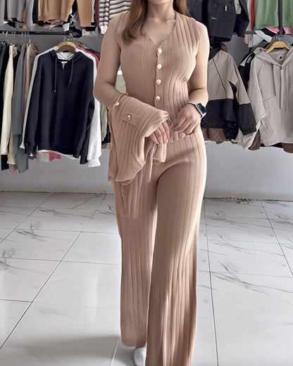 3 Pcs Outfits V Neck Long Sleeve Knit Coat with Metal Button Detail Tank Top Casual Long Pants Knit Sets