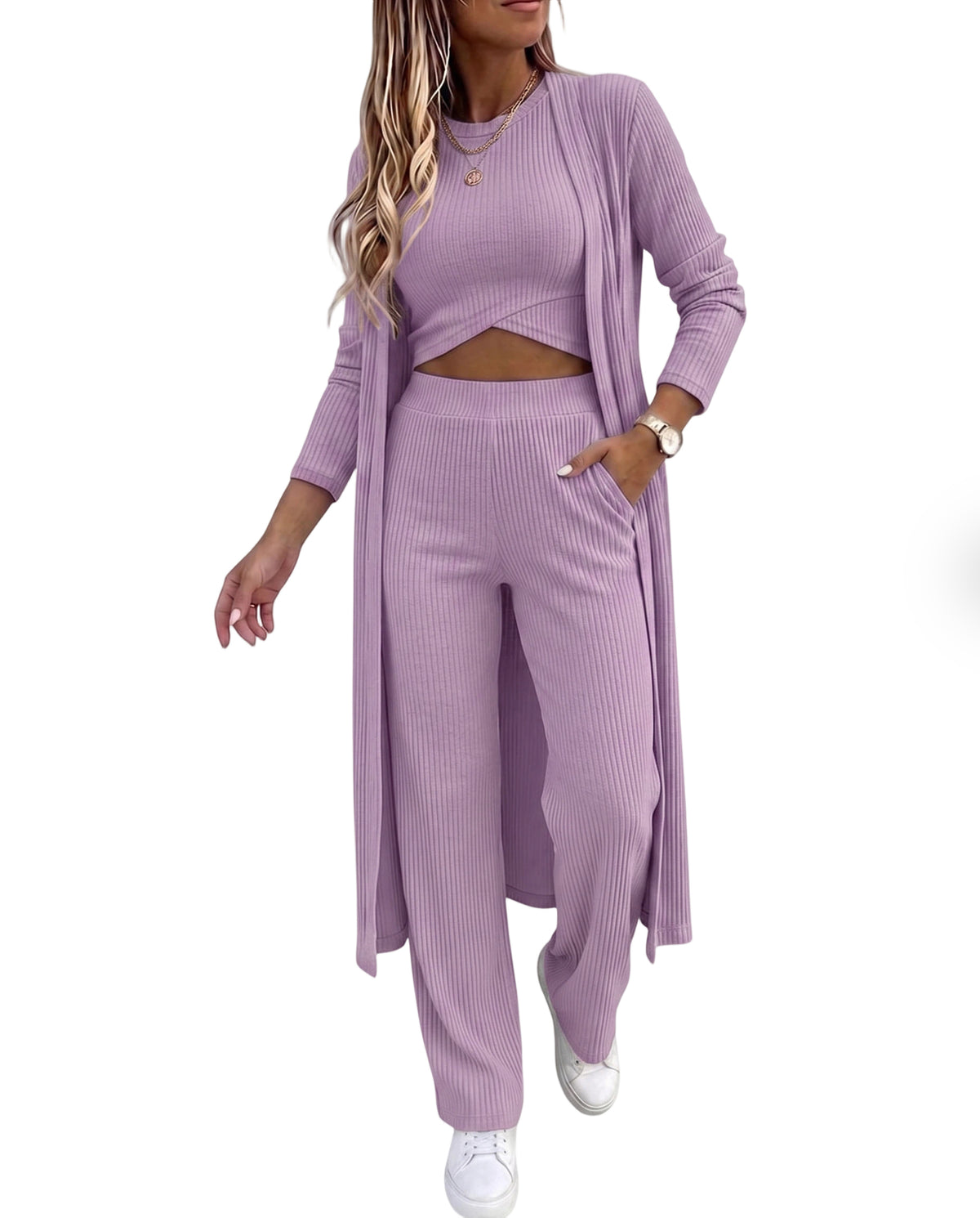 CHICMELIVE Women's 3 Piece Lounge Set Ribbed Cardigan Tank Wide Leg Pant