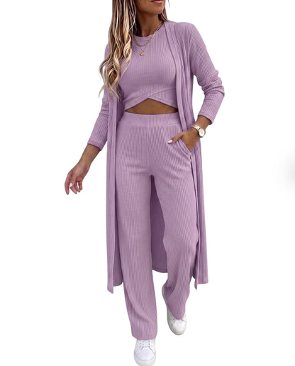 CHICMELIVE Women's 3 Piece Lounge Set Ribbed Cardigan Tank Wide Leg Pant