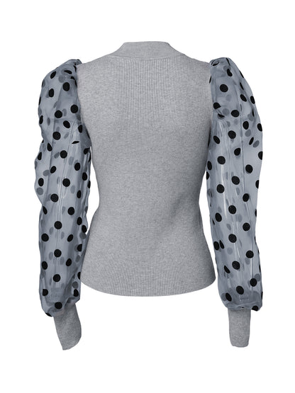 Dot Mesh Patch Mock Neck Puff Sleeve Blouse Casaul Pullover Knit Top