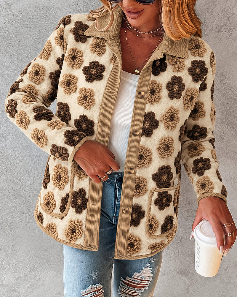 CHICMELIVE Women's Soft Floral Sherpa Jacket Corduroy Button Down Coat