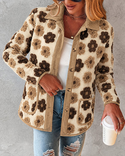 CHICMELIVE Women's Soft Floral Sherpa Jacket Corduroy Button Down Coat