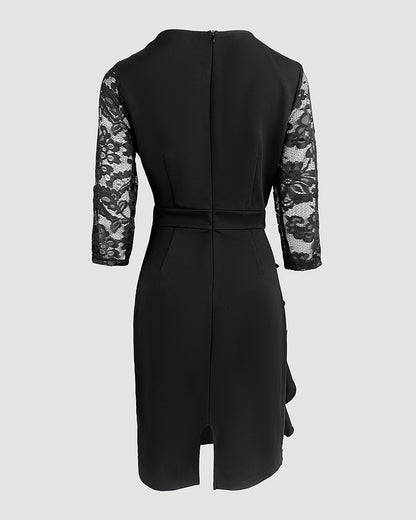 Metal Decor V-Neck Lace Spliced Three Quarters Sleeves Ruffles Design Evening Dress Zipper Back Slit Slim Fit Party Dress with Belt