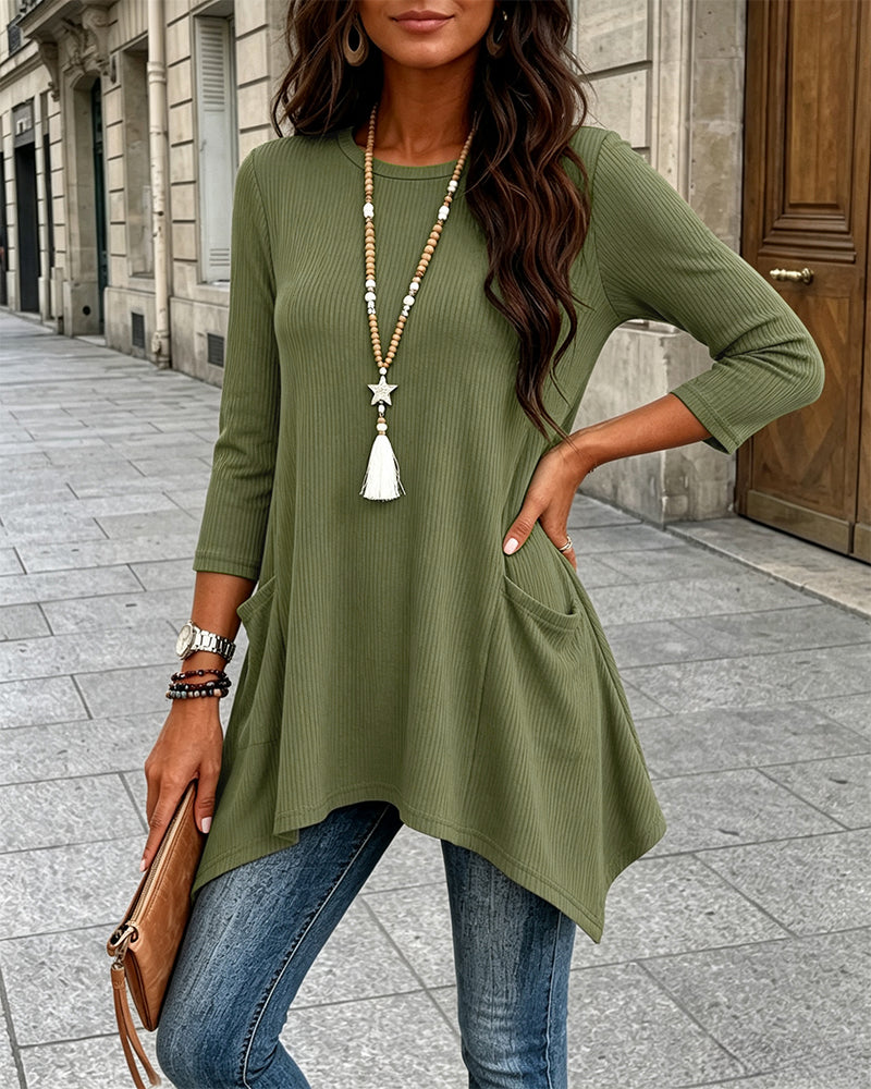 CHICMELIVE Womens 3/4 Sleeve Ribbed Tunic Asymmetrical Hem Loose Top