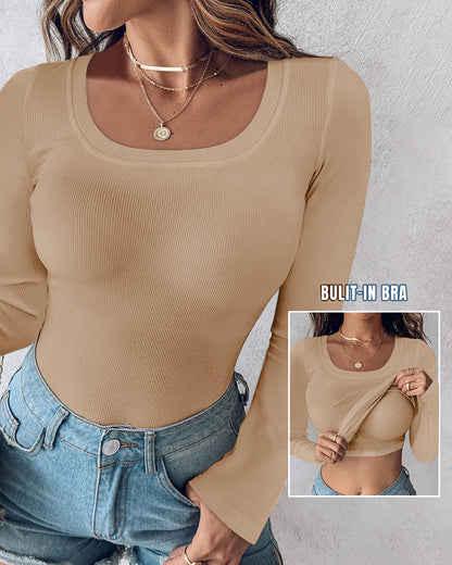 ChicMe Built-in Bra U-Neck Long Sleeve Ribbed Top