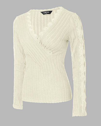 Overlap V-Neck Lace Trim Hollow-out Long Sleeve Tee Slim Fit Ribbed Layering Top