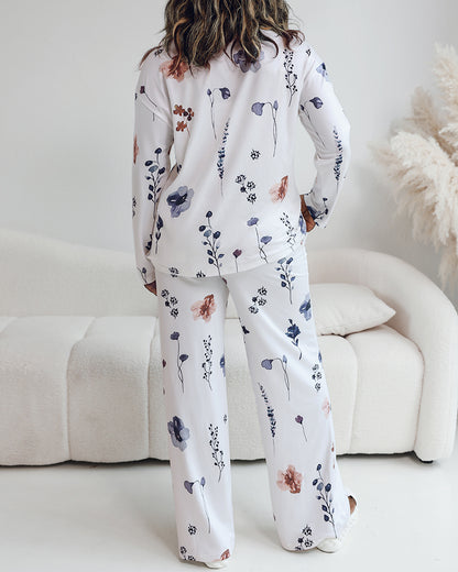 2 Pieces Outfit Floral Print Long Sleeve Drop Shoulder Top and Elastic Waist Pants Sets Casual Pajamas Set