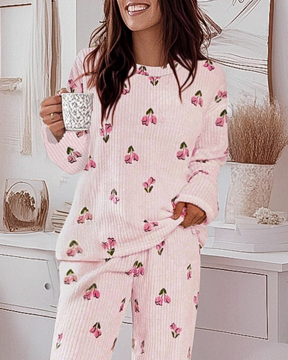 2 Pieces Outfit Floral Print Round Neck Drop Shoulder Top and Elastic Waist Pants Set Casual Ribbed Flannel Pajamas Set