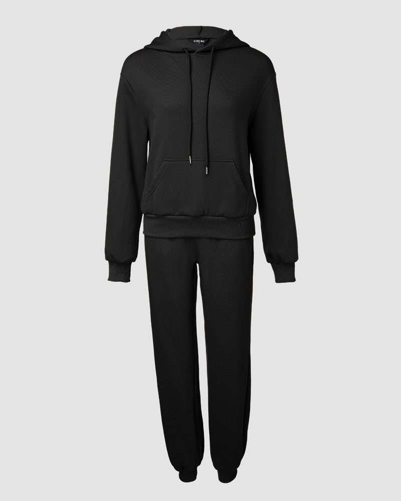 2 Pieces Outfit Kangaroo Pocket Thermal Lined Drawstring Hoodie Sweatshirt and Casual Elastic Waist Cinched Ribbed Cuffs Sporty Sweatpants Set