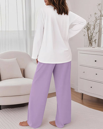 2 Pieces Outfit Floral Placement Print Long Sleeve Drop Shoulder Top and Elastic Waist Pants Set Causal Pajamas Set