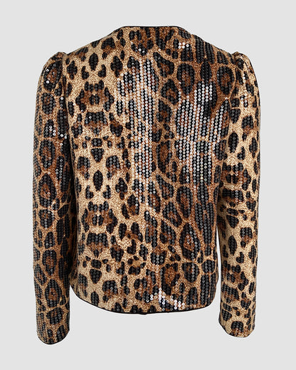 Allover Sequin Leopard Print Puff Sleeve Open Front Slim Fit Jacket Casual Crop Coat