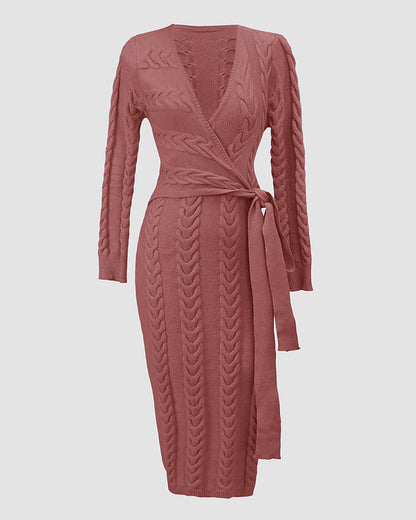 Cable Textured Overlap Deep V-Neck Long Sleeve Mid-Length Dress Tie Waist Slim Fit Knit Dress