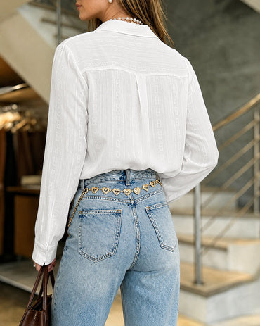 Women's Casual Button Down Shirt Textured Jacquard Chiffon Blouse Long Sleeve Top