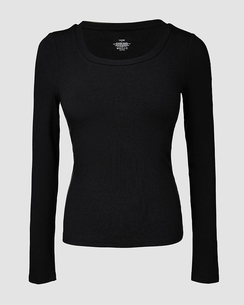 ChicMe Built-in Bra U-Neck Long Sleeve Ribbed Top
