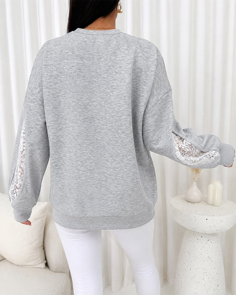 CHICMELIVE Oversized Sweatshirt for Women Lace Sleeve Cutout Fall Pullover