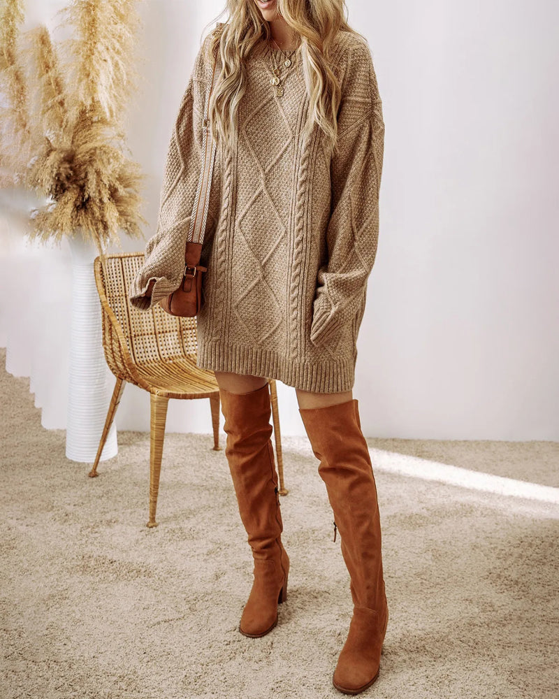 Round Neck Long Sleeve Drop Shoulder Pullover Sweater Casual Loose Fit Cable Knit Mid-length Sweater