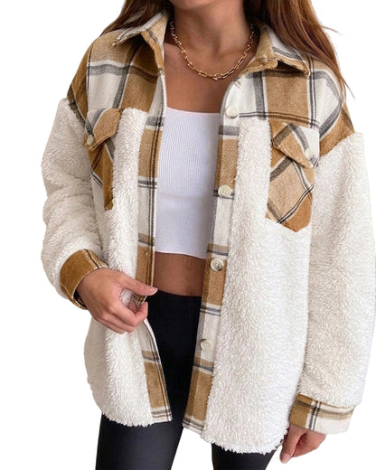 CHICMELIVE Women's Fleece Jacket Plaid Patchwork Sherpa Shacket