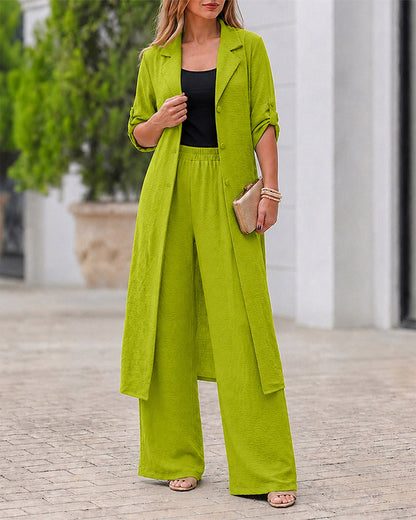 Women's 2 Piece Outfit Lapel Button Down Side Slit Longline Top and High Waisted Straight Leg Pants Set