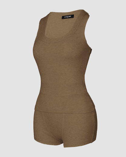 2PCS Micro-Ribbed U-Neck Tank Top & Boxer Set Cozy Loungewear
