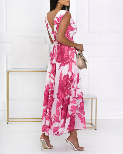 Women's Floral Print Maxi Dress Overlap V Neck Backless Chiffon Sundress Sleeveless High Waist Flowy A-Line Vacation Dress
