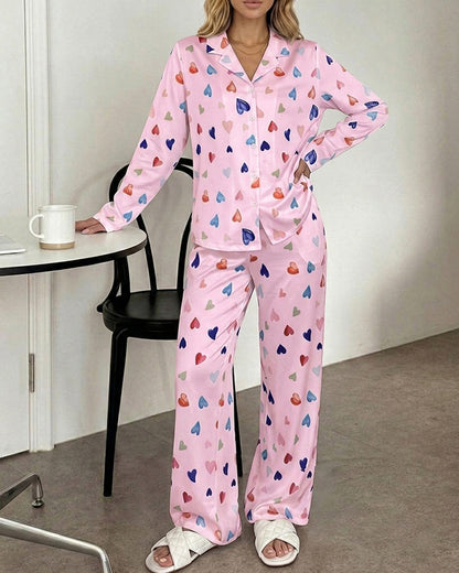 Women's Colorful Heart Print 2 Piece Pajama Set Long Sleeve Button Down Top and High Waisted Pants Casual Lounge Sets