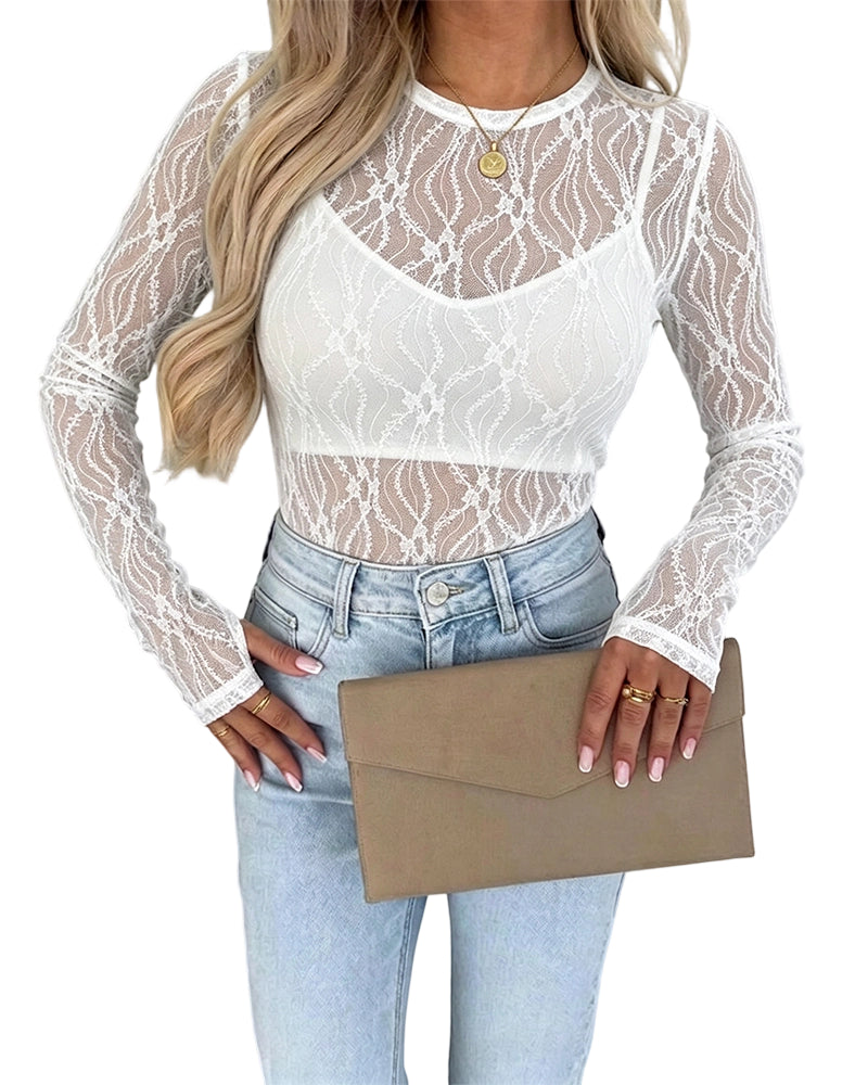 CHICMELIVE Lace Top Sheer Mesh Fitted Shirts for Women with Thumb Holes