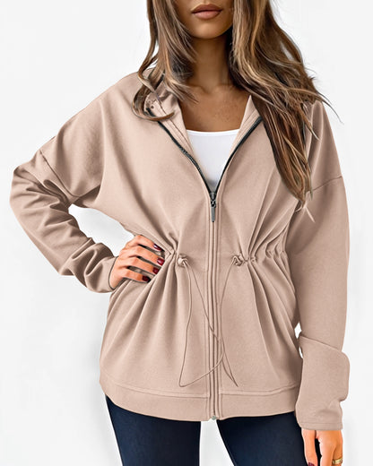 Long Sleeve Waist Drawstring Hooded Coat Casual Loose Fit Cardigan Jacket with Pockets
