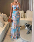 ChicMeLive Women's Watercolor Floral Bandeau Maxi Dress Sexy Cutout Shirred Waist Mermaid Dress Ruffle Hem Vacation Dress