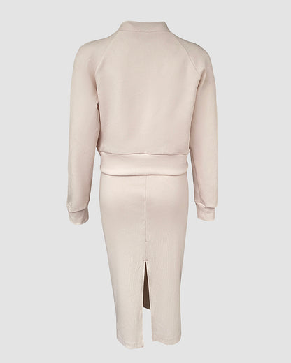 2 Pieces Outfit U-Neck Slit Back Slim Fit Knit Tank Dress and Pearl Button Front Baseball Coat Casual Ribbed Set