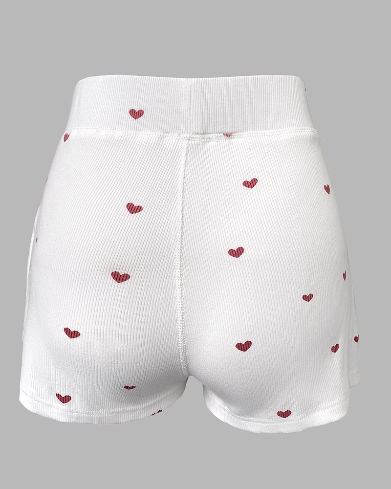 2 Pieces Outfit Heart Print U Neck Sleeveless Tank Top and Casual Strechy Waist Shorts Set Slim Fit Ribbed Pajamas Set