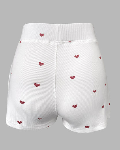 2 Pieces Outfit Heart Print U Neck Sleeveless Tank Top and Casual Strechy Waist Shorts Set Slim Fit Ribbed Pajamas Set