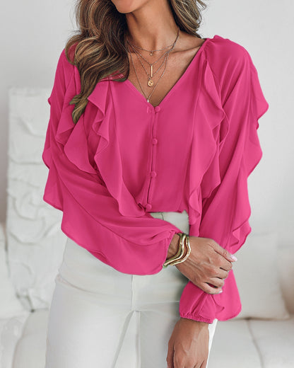 V Neck Shoulder Ruffles Design Blouse Casual Button Front Long Sleeve Top