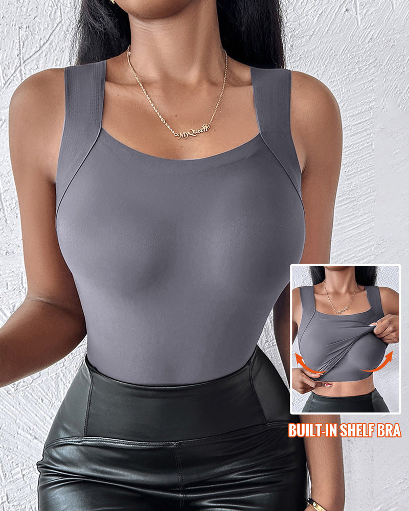 U-Neck Sleeveless Tank Seamless Skinny Layering Top with Built-In Bra