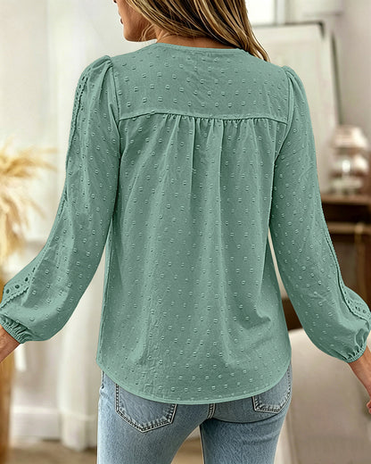 Women's Hollow-Out Lace Spliced Lantern Sleeve Top Elegant 3D Jacquard Chiffon Blouse for Work and Daily Wear