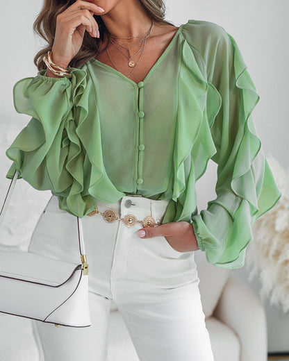 V Neck Shoulder Ruffles Design Blouse Casual Button Front Long Sleeve Top