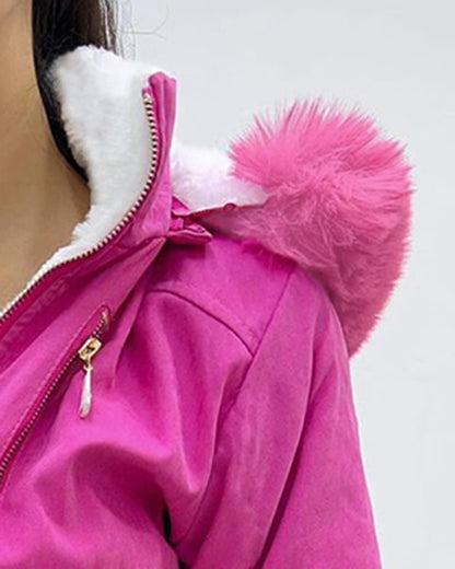 Fuzzy Trim Jacket Hooded Zip Up Fleece Lined Coat Outwear with Pockets
