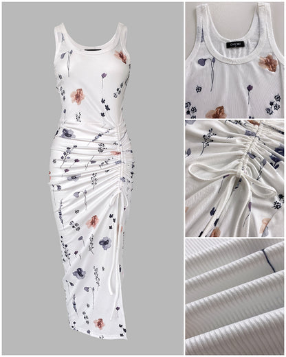 Floral Print U-Neck Thick Strap Drawstring Slit Vacation Dress Casual Ruched Slim Fit Tank Dress