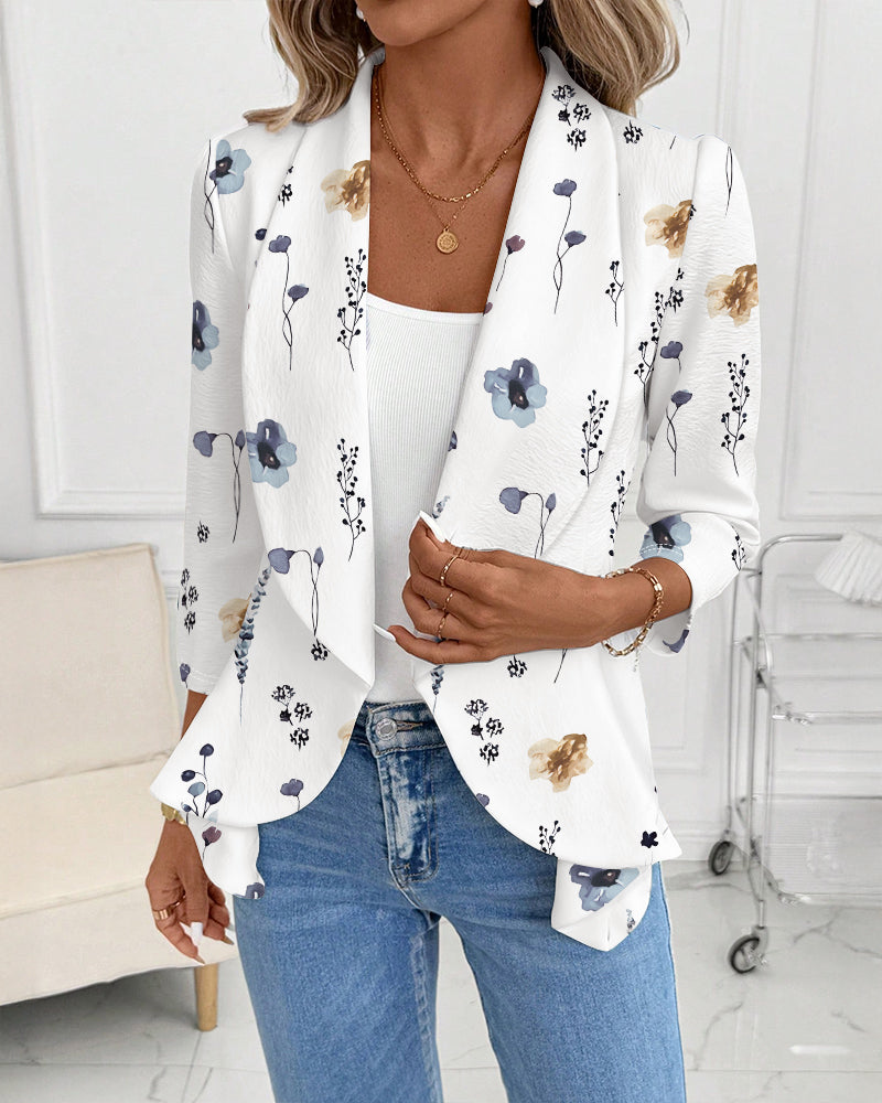 Floral Print Shawl Collar Three Quarters Sleeve Open Front Coat Casual Cinched Waist Flared Hem Blazer Coat