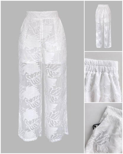 2 Pieces Outfit Jacquard Floral Turn-down Collar Button Front Pockets Design Top and Casual Elastic Back Waist Pants Set With Lining