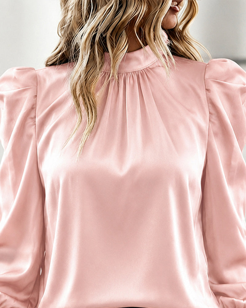 Women's Satin Blouse Mock Neck Puff Sleeve Shirt Back Tie Bow Elegant Ruched Shirt Shirred Frill Cuff Work Top