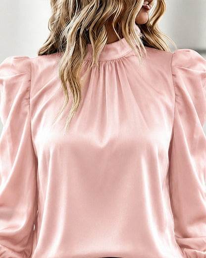 Women's Satin Blouse Mock Neck Puff Sleeve Shirt Back Tie Bow Elegant Ruched Shirt Shirred Frill Cuff Work Top