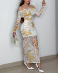 Women's Foldover Off Shoulder Floral Mesh Ruched Maxi Dress Elegant Long Sleeve Slit Party Gown