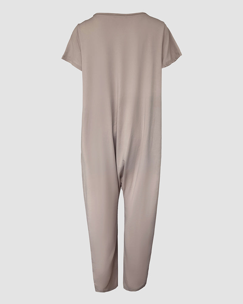 V-Neck High Stretch Tapered Drop-Crotch Casual Jumpsuit With Pockets