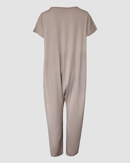 V-Neck High Stretch Tapered Drop-Crotch Casual Jumpsuit With Pockets