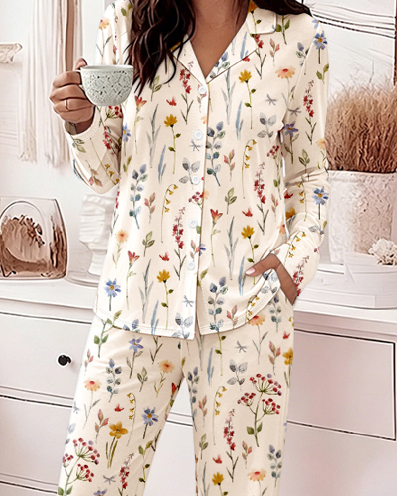Women's Colorful Heart Print 2 Piece Pajama Set Long Sleeve Button Down Top and High Waisted Pants Casual Lounge Sets