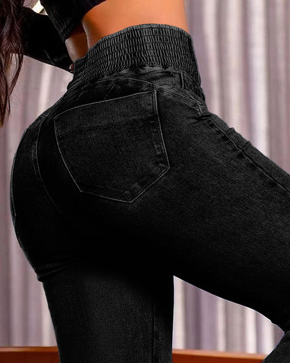 ChicMe CurveEase Back Shirred Button Front High Waist Jeans Skinny Flared Denim Jeggings