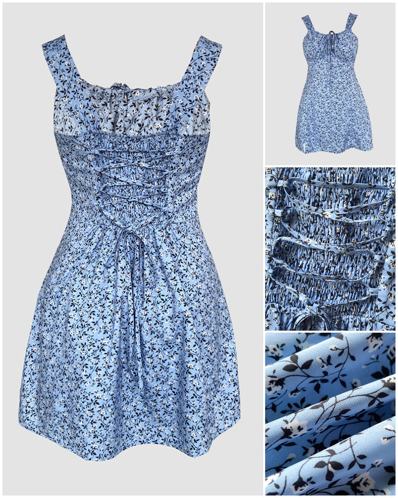 Ditsy Flora Print Square Neck Thick Strap Jumpsuit Tied Detail Shirred Back Slit Slim Fit Skort Romper