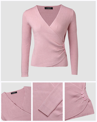 Overlap V-Neck Ruched Side Button Decor Knit Sweater Slim Fit Ribbed Pullover Top