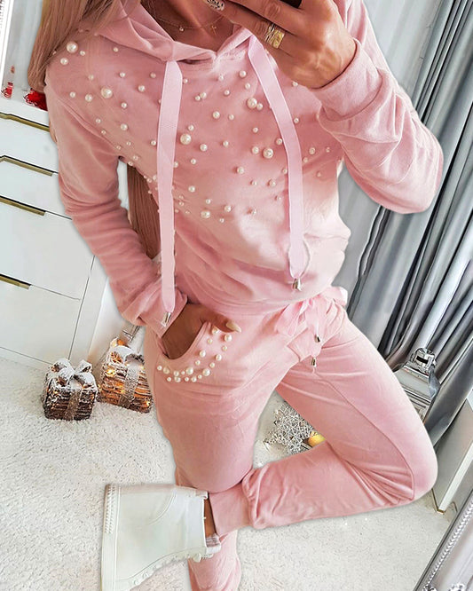 Beaded Hooded Top & Drawstring Pants Set