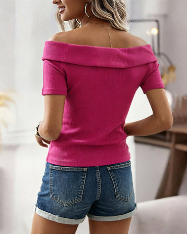 Women's Foldover Off Shoulder Rib-Knit Top Slim Fit Short Sleeve Tee with Gold Button Detail